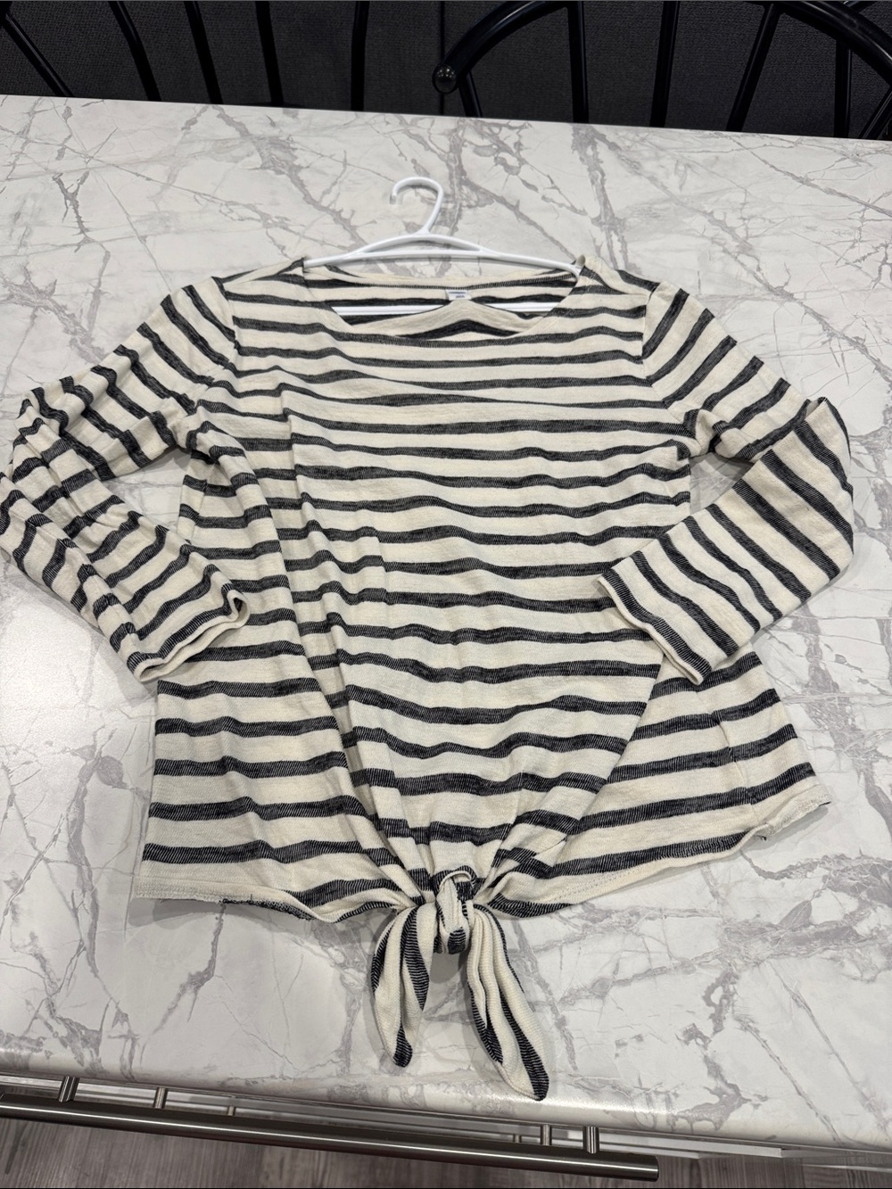 Old Navy Cream & Black Striped Tie-Front Long Sleeve Top